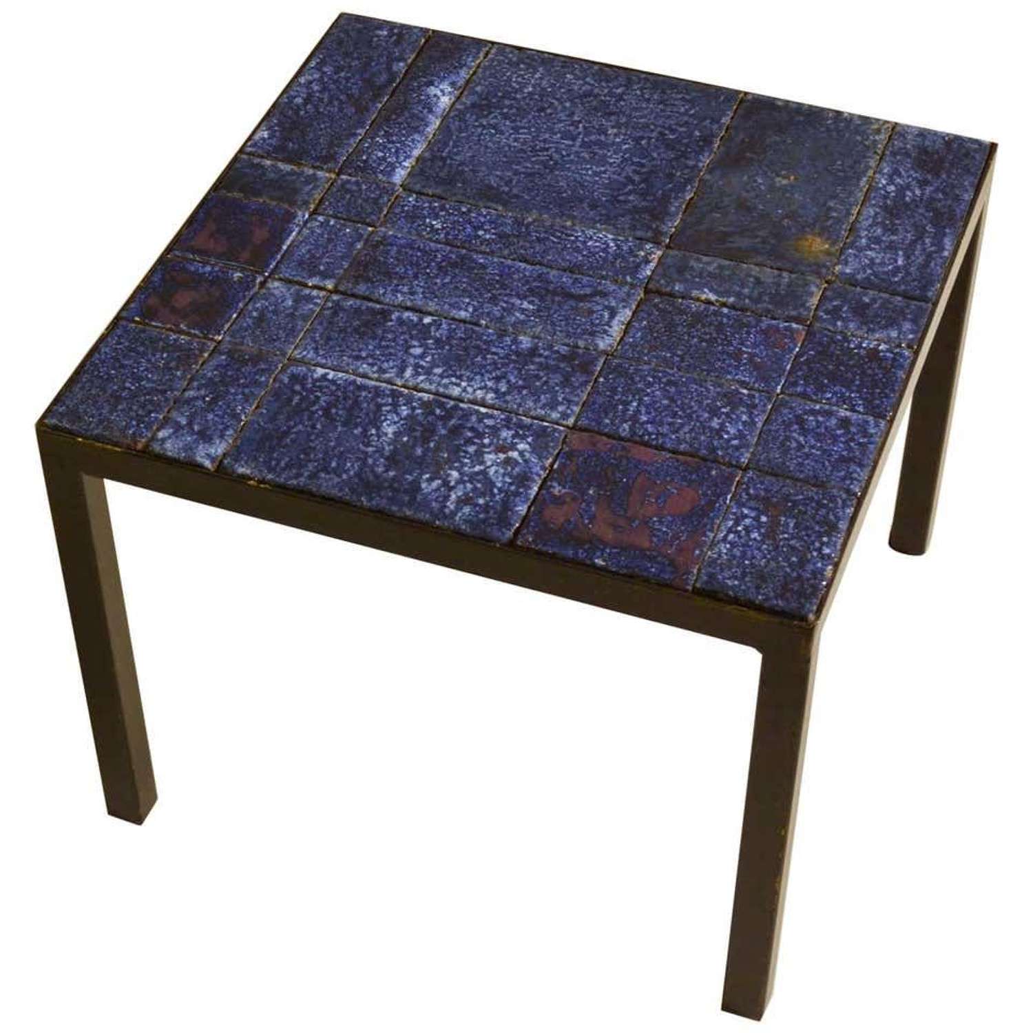 Blue Ceramic Tile Square Side Table on Black Frame Italy