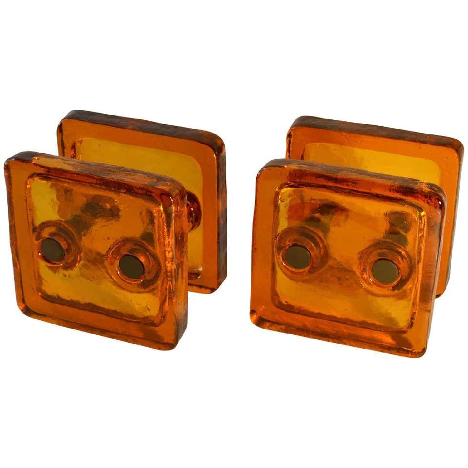 Square Push and Pull Pair of Double Door Handle in Orange Glass