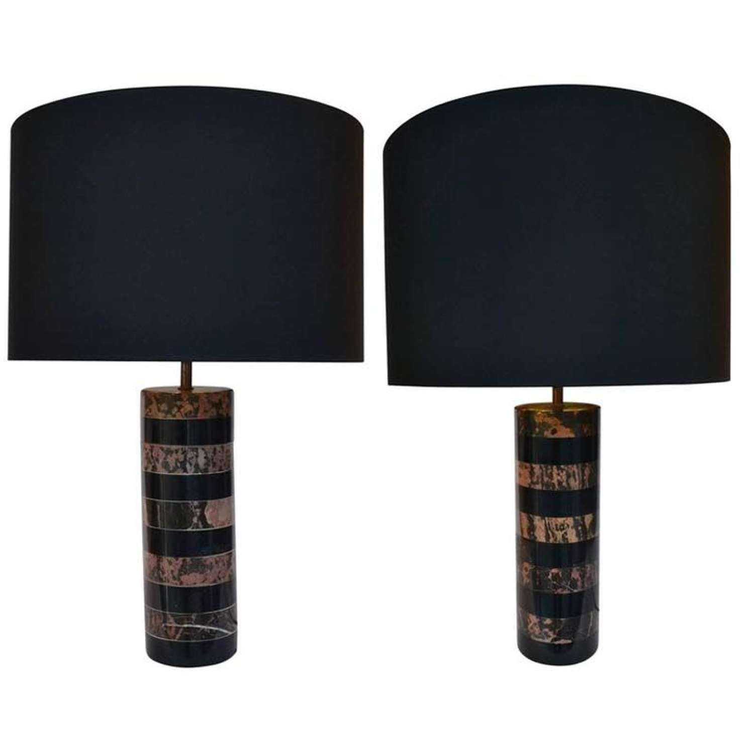 Pair of Marble Cylinder Table Lamps Rose and Black Italy