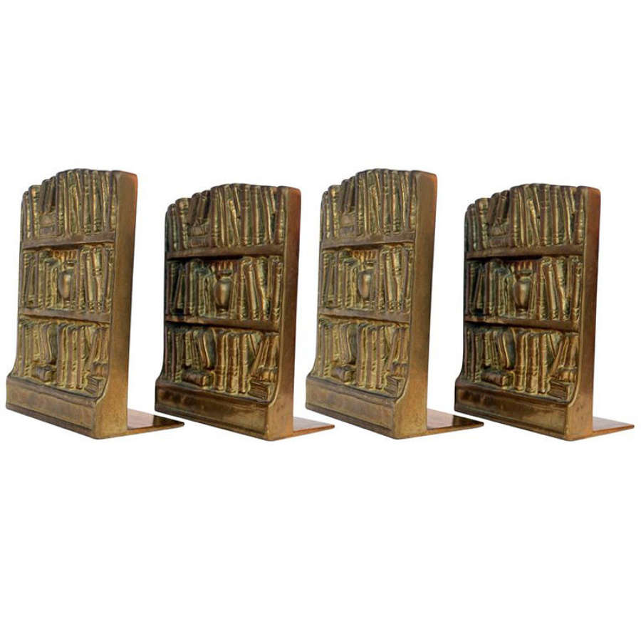 Four Bronze Cast Bookends Depicting Antique library
