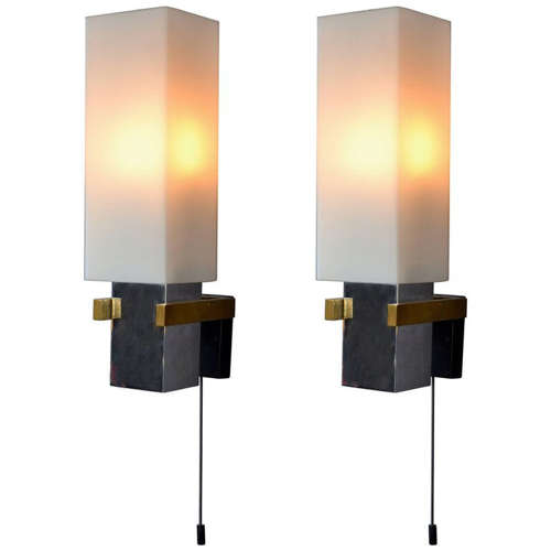 Pair of Minimalist Wall Lights Italian with Glass Shades 1960