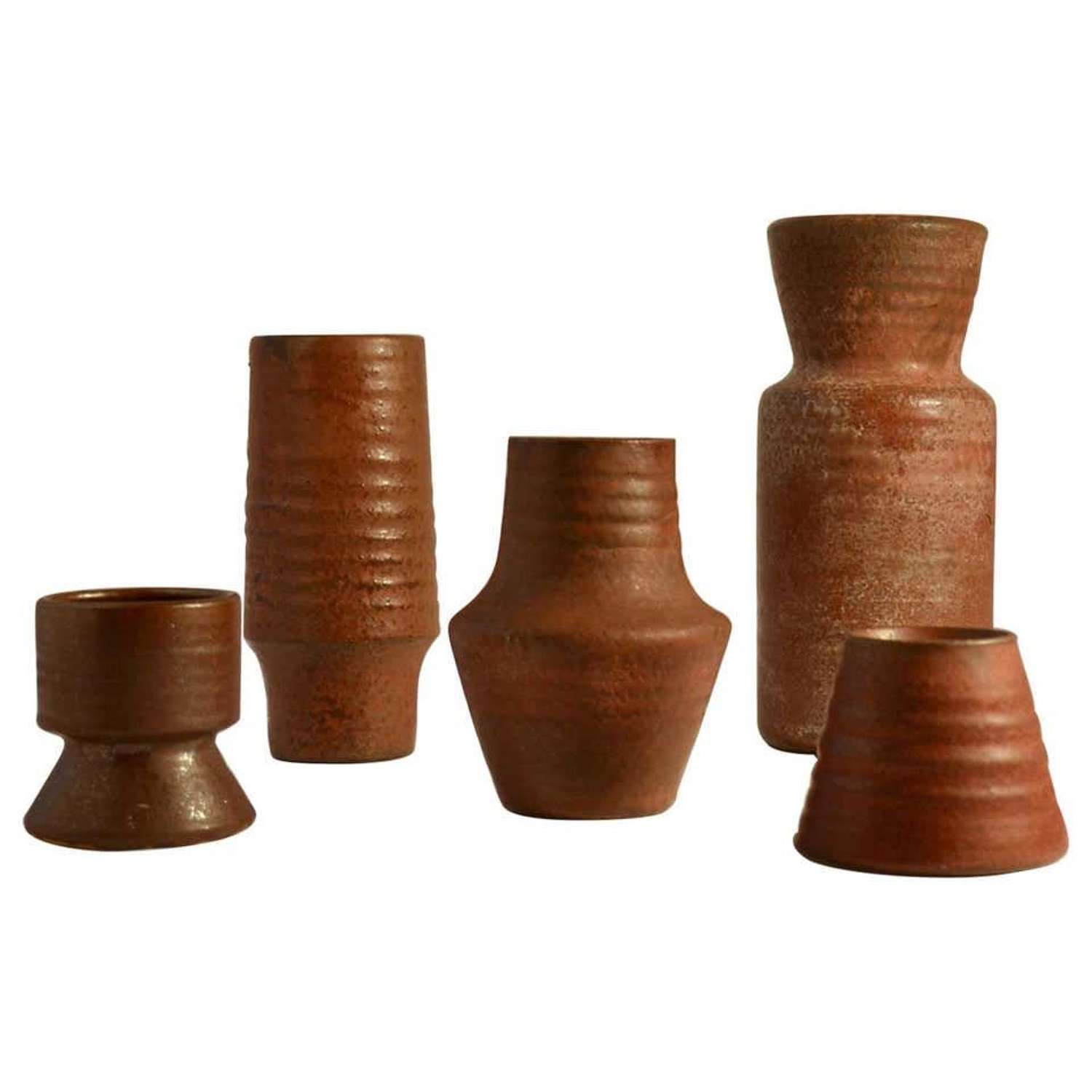 Group of Mid Century Ceramic Studio Vases Dark Red