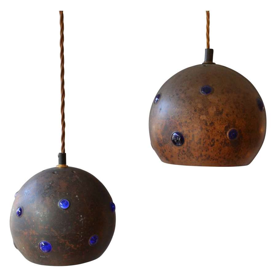 Pair of Copper and Blue Glass Pendant Lamps by Nanny Still
