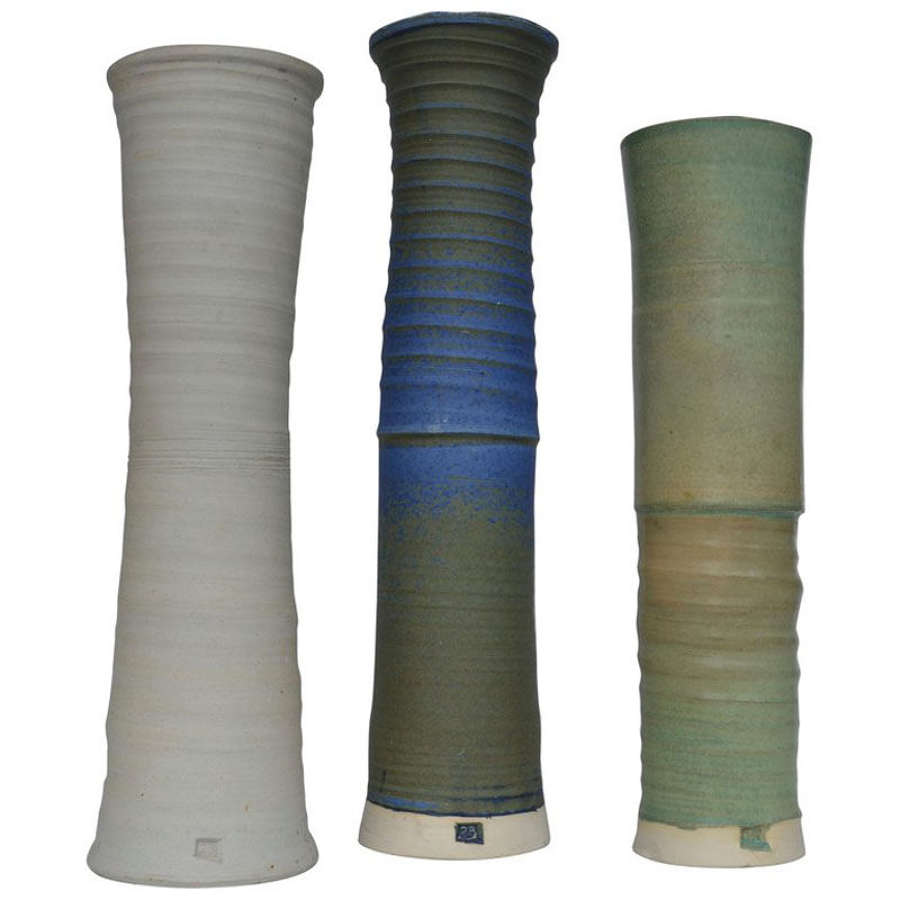 Three Large Studio Pottery Vessels in Blue, Green & Sand