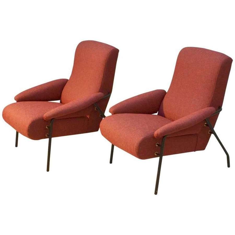 Pair Modernist Lounge Chairs in Burnt Orange Italy 1960's