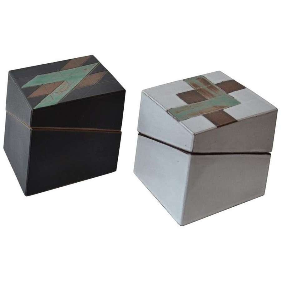 Pair of Square Studio Pottery Boxes in Black and White