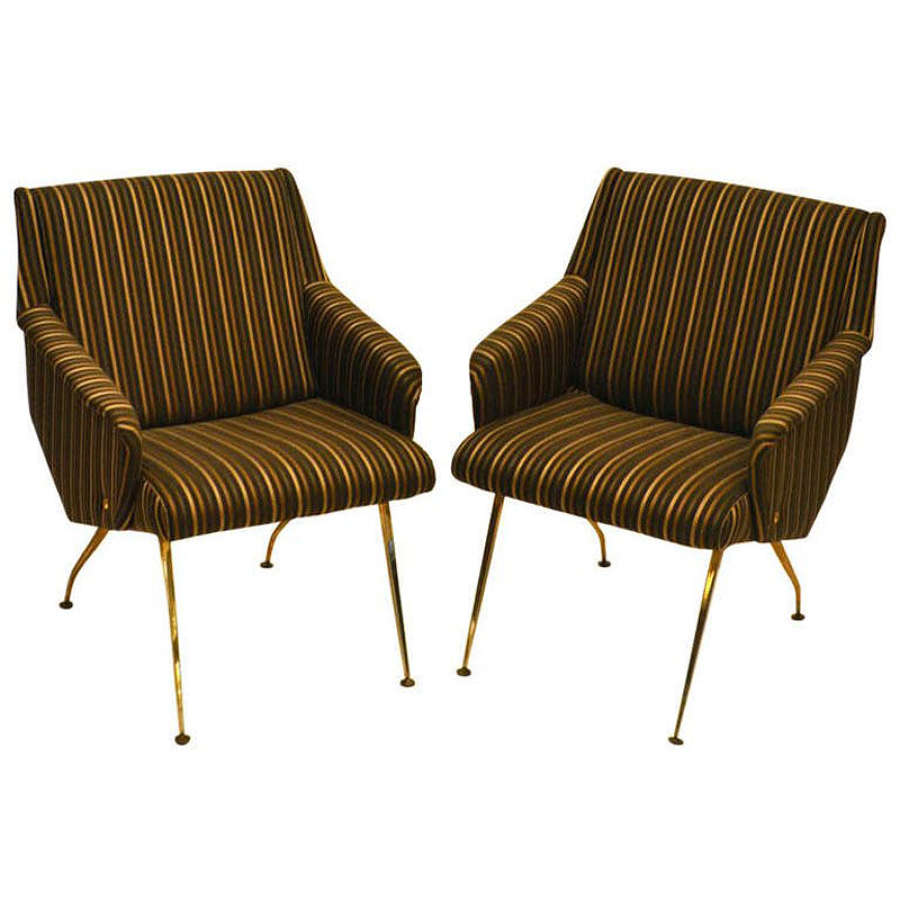 Pair of Lounge Chairs 1950's in Black and Gold Striped Fabric