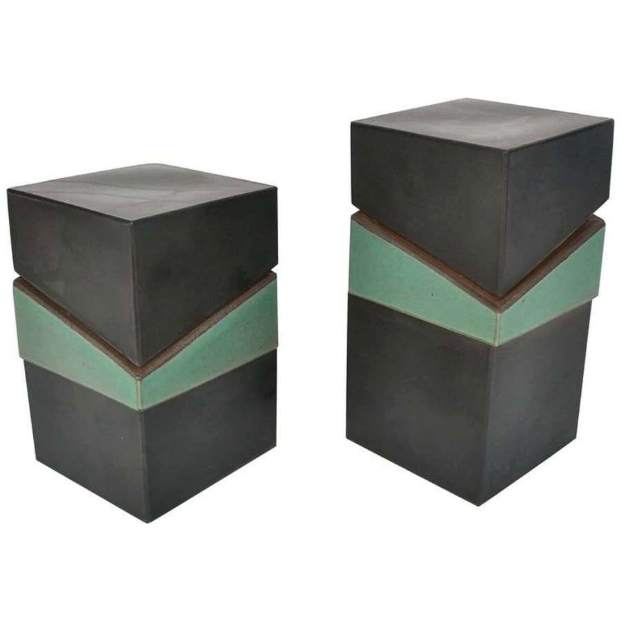 Pair of Square Studio Pottery Boxes in Green and Black