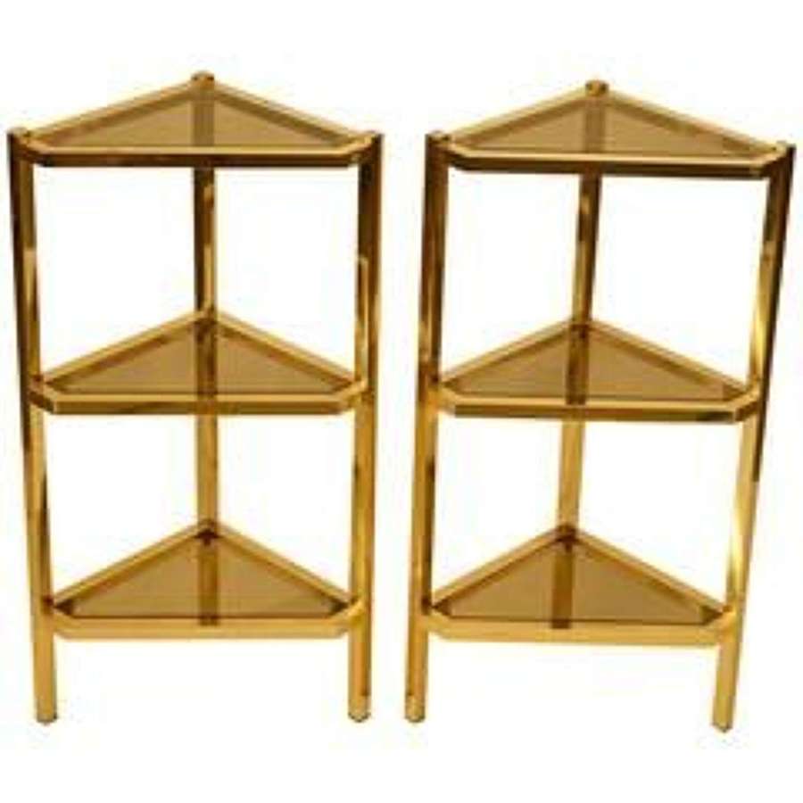 Pair of Triangular Brass and Glass 1970's Shelving Units
