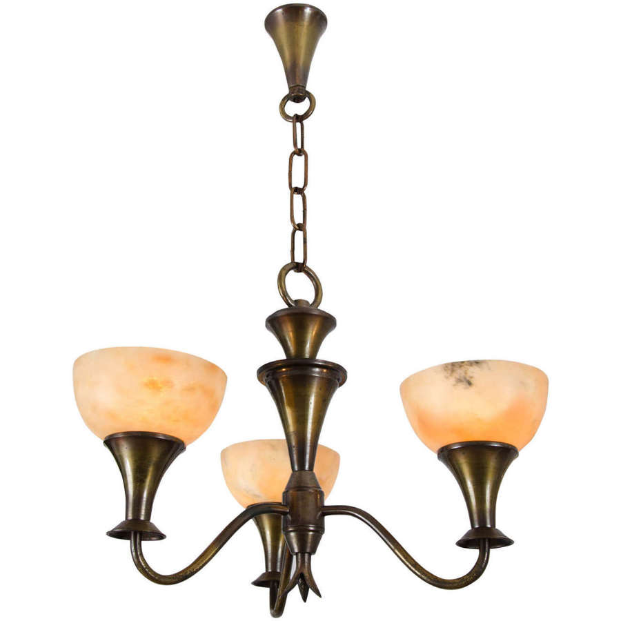 Art Deco Chandelier with Alabaster Shades and Brass