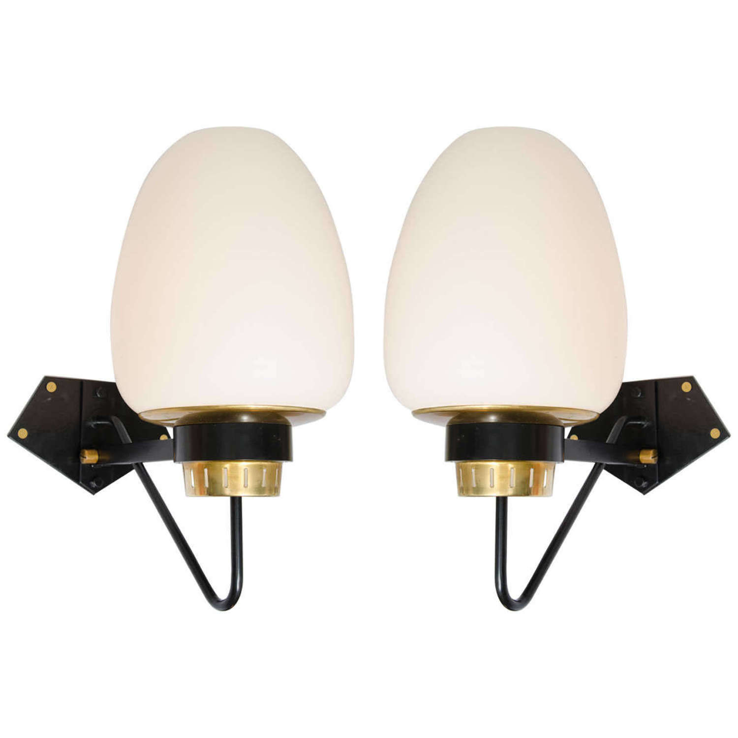 Pair of Large Opaline Wall Lamps on Black & Brass Frame