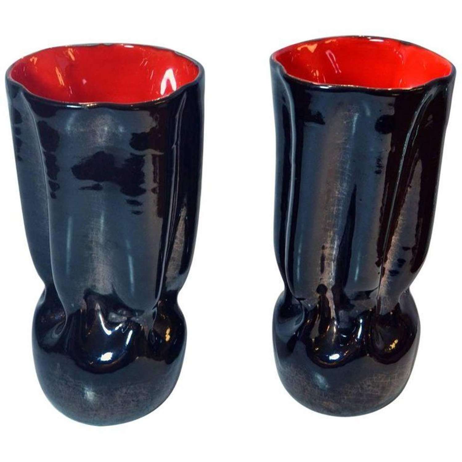 Mid century Pair of Black & Red Ceramic Vases