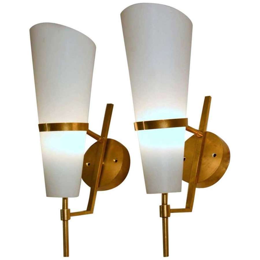 Pair of Wall Sconces in Brass and Glass Stilnovo, Italy