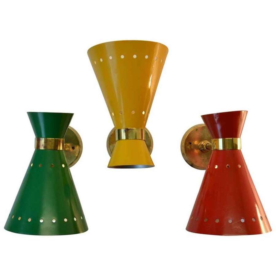 Mid-Century Italian Red, Yellow, Green & Brass Sconces