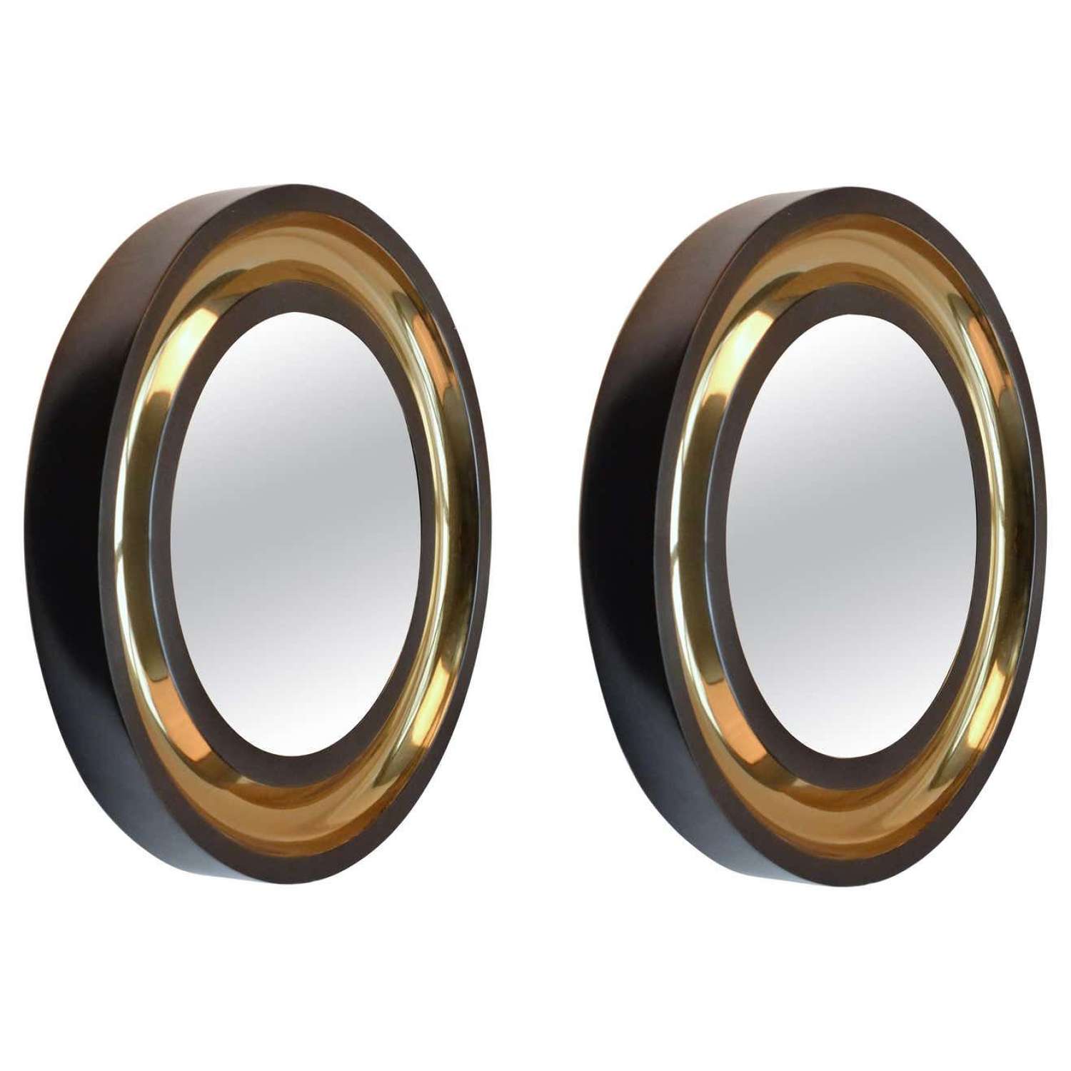 Pair of Round Wall Mirrors Patinated with Bronze Finish