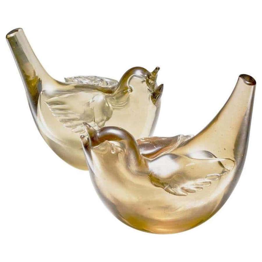 Pair of Birds Hand Blown Iridescent Gold Crystal Glass by Paolo Venini