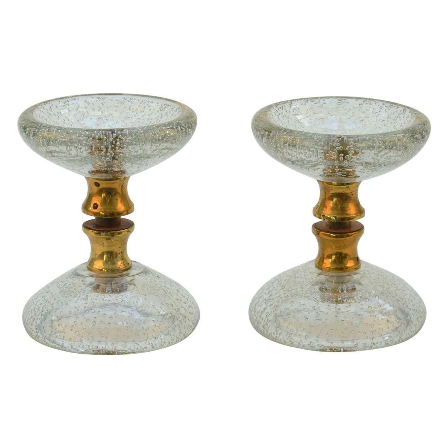Pair of Clear Round Murano Glass and brass Double Door Handles