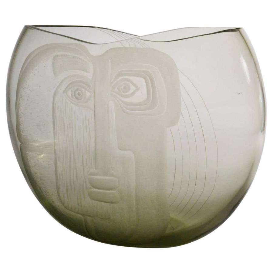 Large Murano Glass Art Vase with Etched Portrait by Barbini