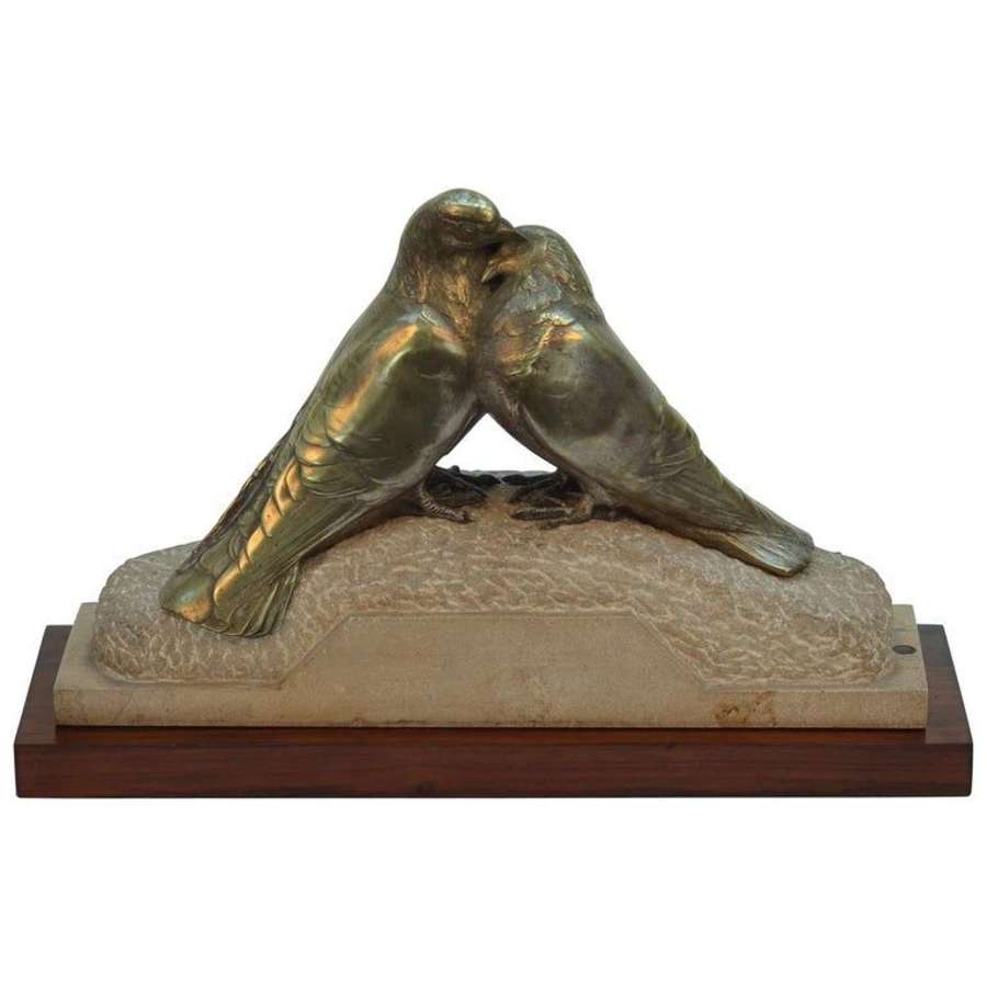 Art Deco Bronze Sculpture of Pair of Doves by Pierre Alexandre Morlon