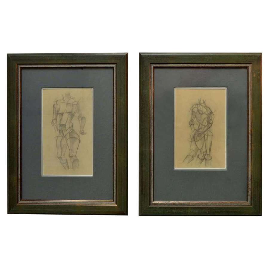 Set of Two Female Studies of Early 20th Century Cubist Life Drawings