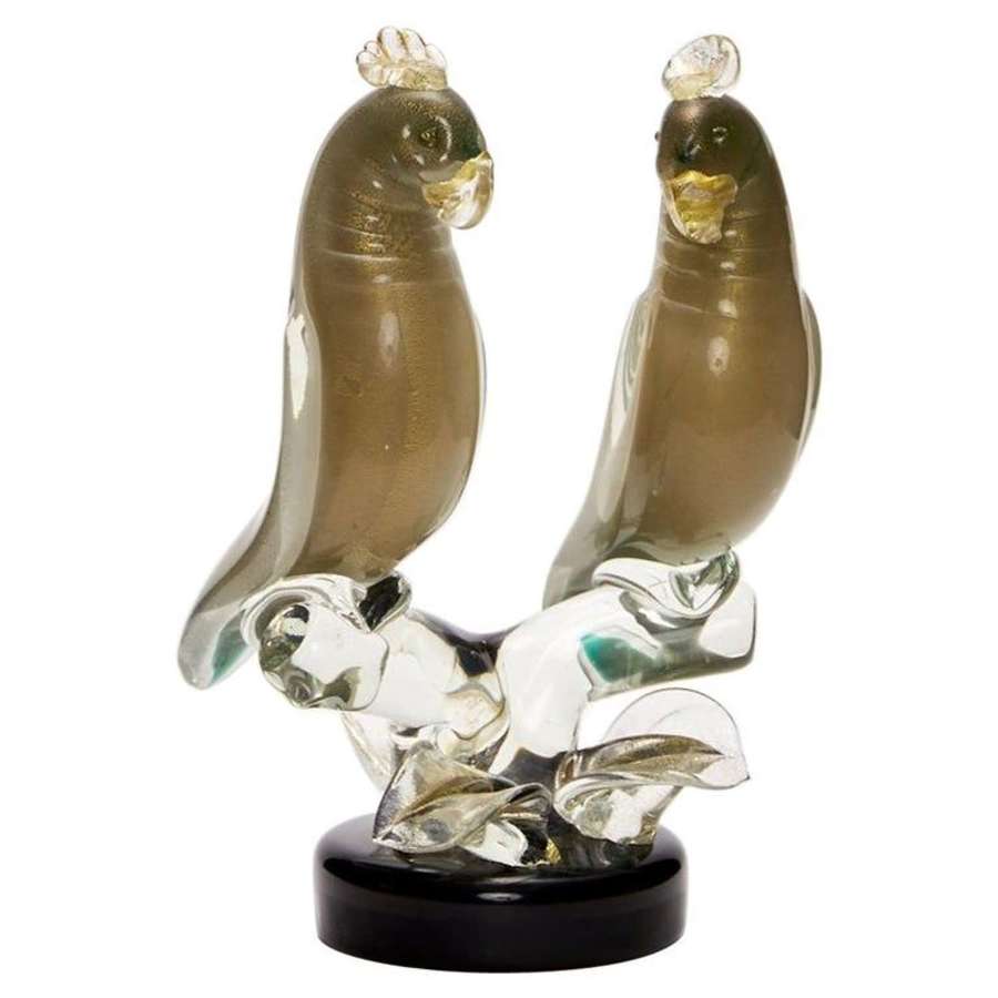 Parrots Sculpture Applied Glass by with Gold Powders Alfredo Barbini,