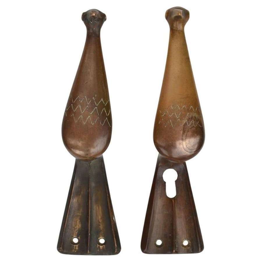 Pair of Push and Pull Bronze Door Handles in the Form of Doves