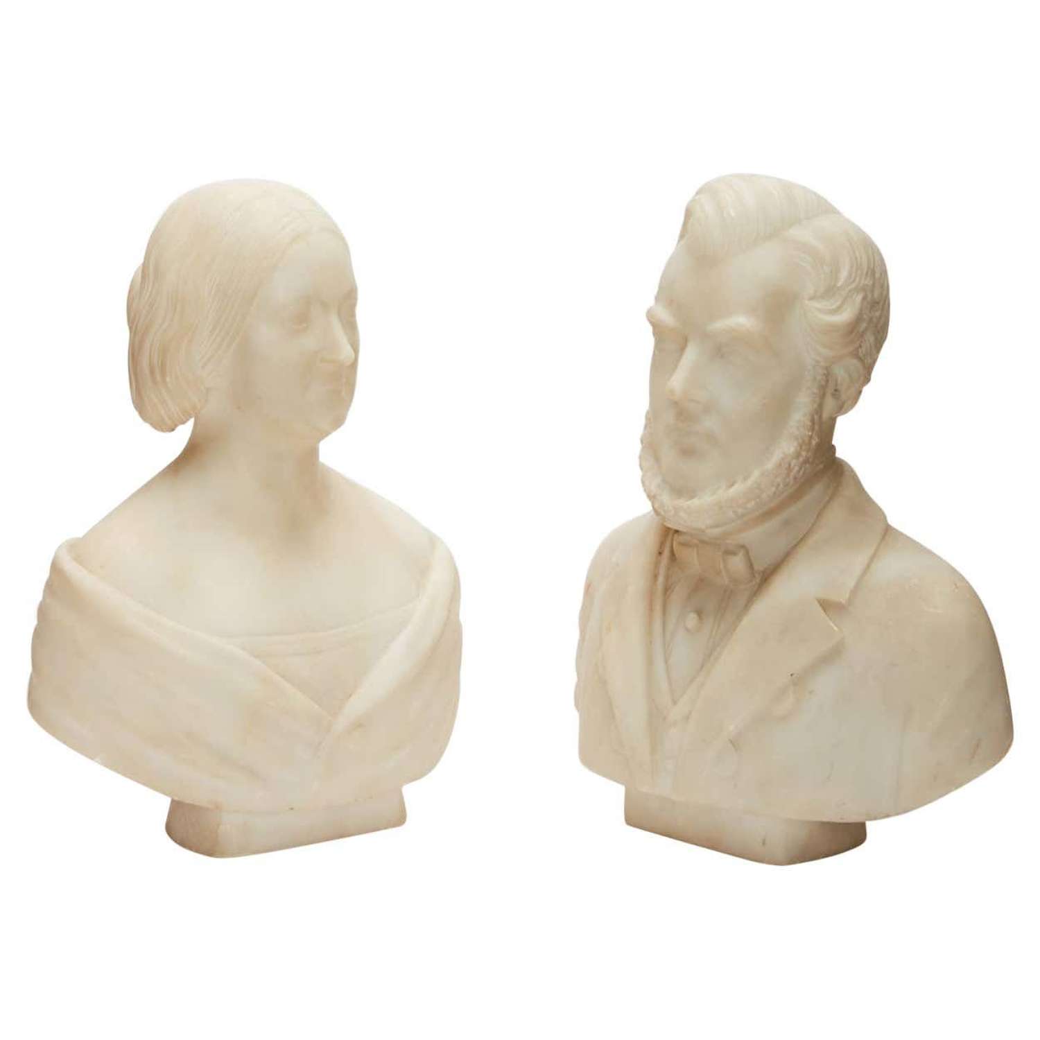 Marble Portrait Busts of Male and Female 19th Century American