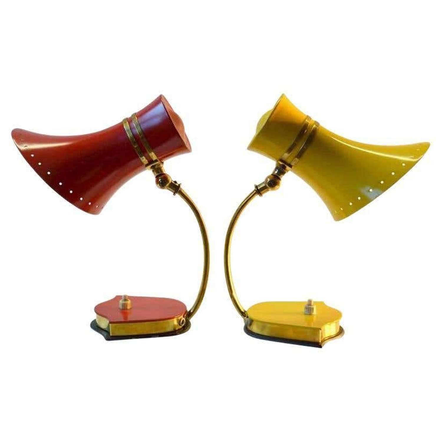 Original Pair Stilnovo Table Lamps 1960s Italian Red & Yellow & Brass