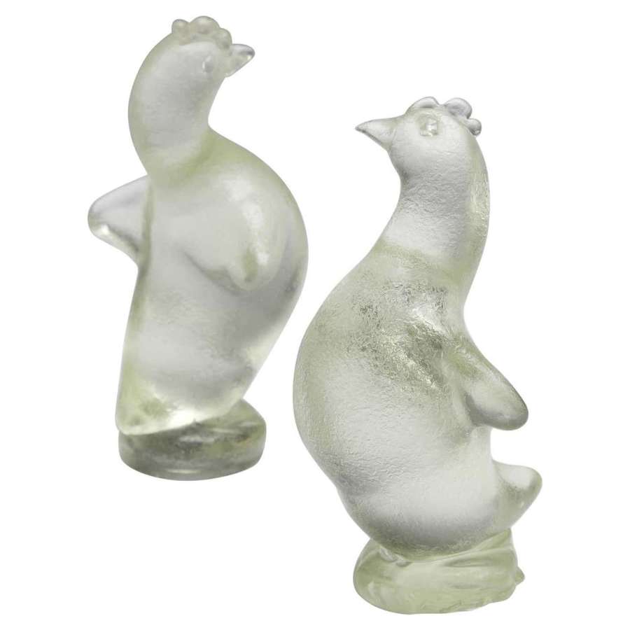 Two Hen Sculptures in Corroso Glass by Archimede Seguso circa 1938