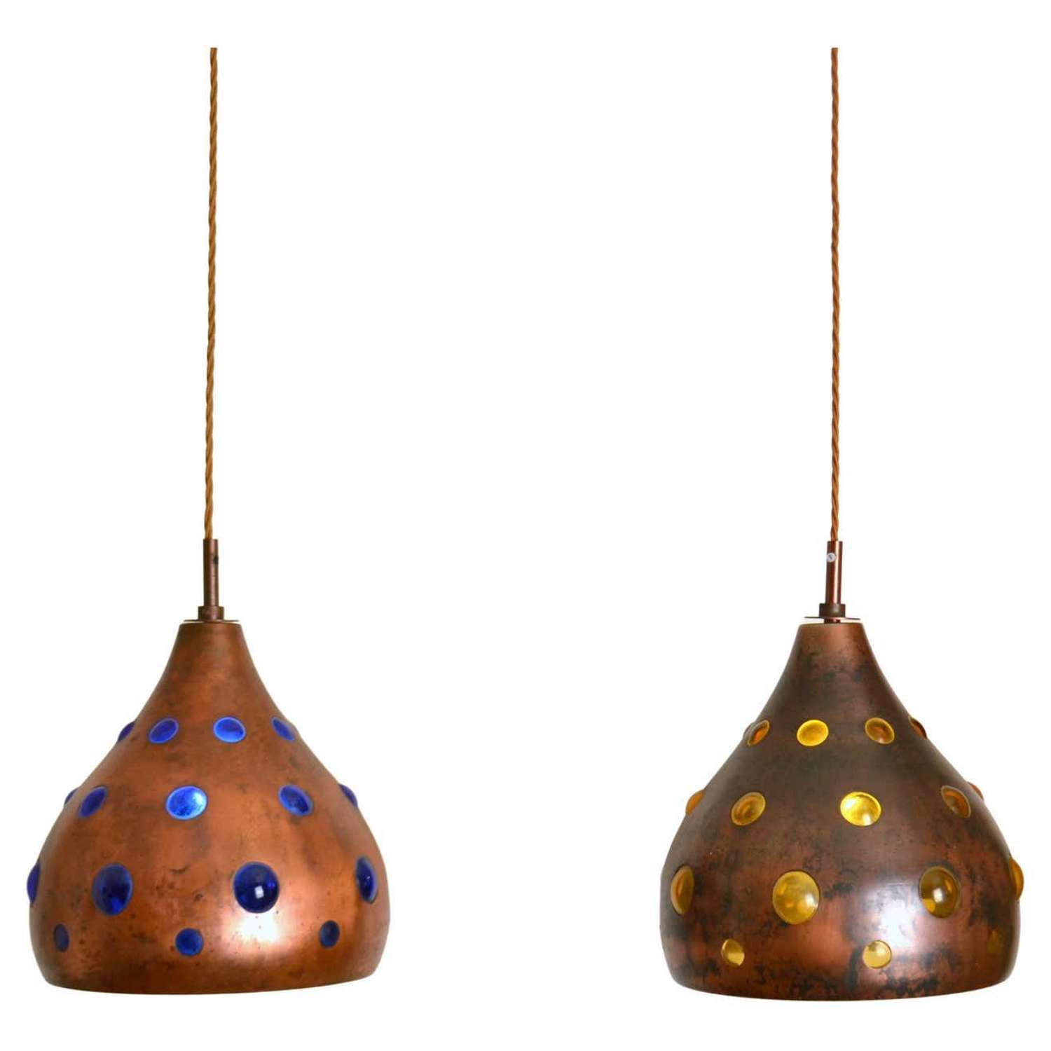 Pair of Copper Nanny Still Lamps with Blue and Amber Blown Glass for R