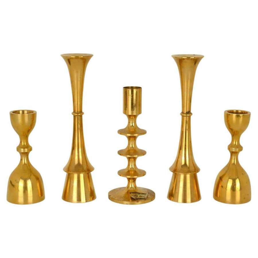 Group of Five Danish Brass Candle Holders