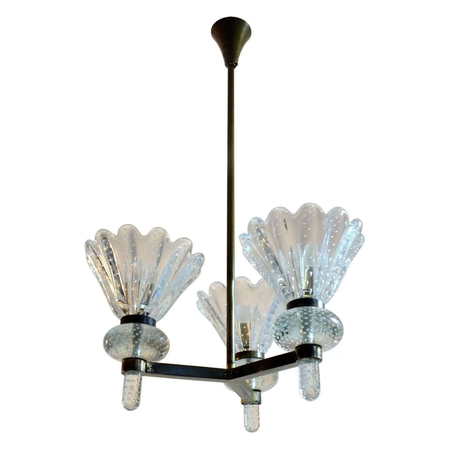 Murano Clear Pulegoso Glass and Brass Chandelier Italy 1930's