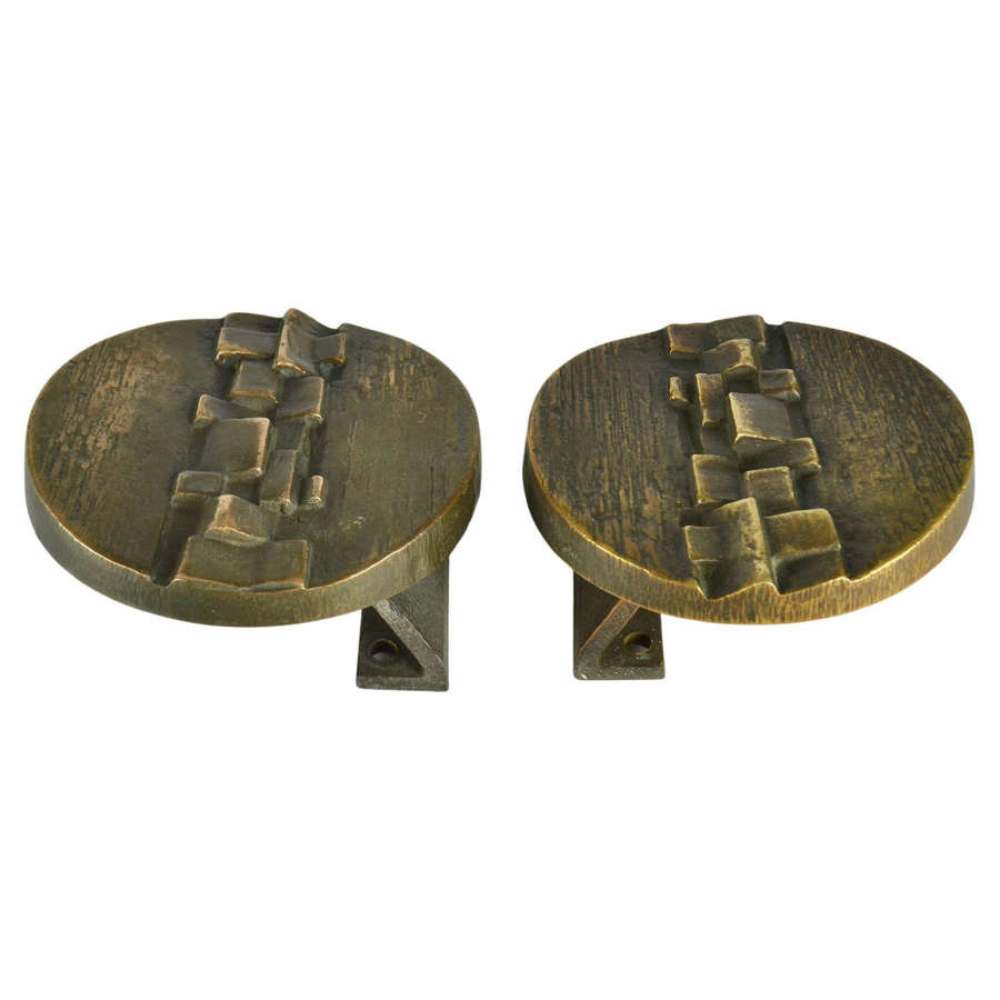 Pair of Bronze Round Push and Pull Door Handles with Geometric Relief