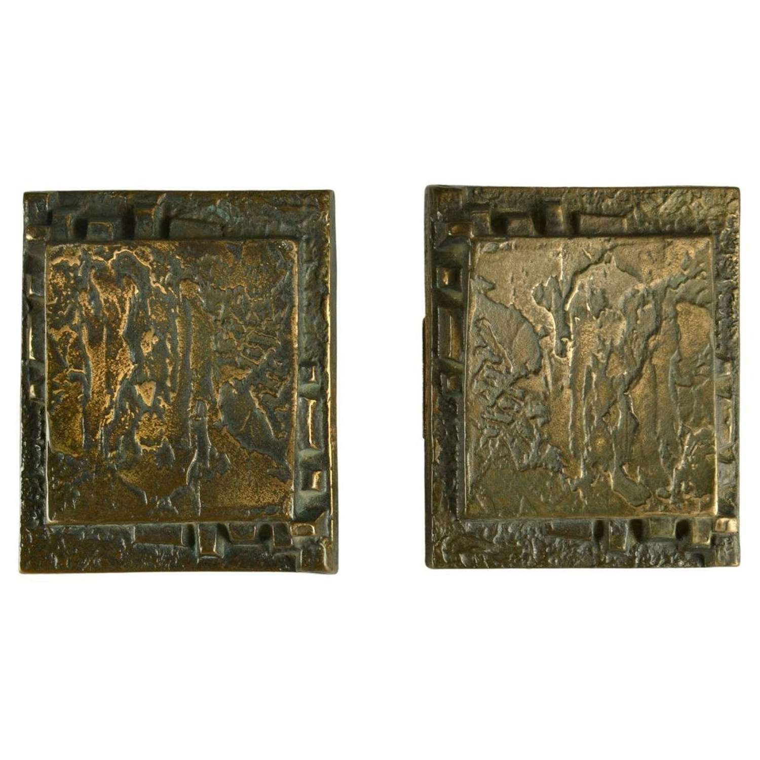 Pair of Bronze Push Pull Door Handles with Brutalist Relief