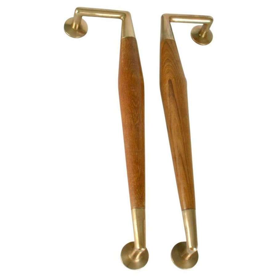 Large Pair of 1950's Beech and Copper Push and Pull Door Handles