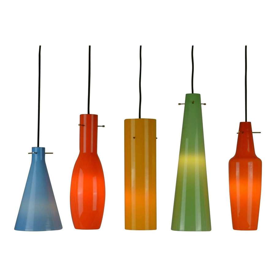 Set of Five Color Glass Vistosi Murano 1950's Pendants