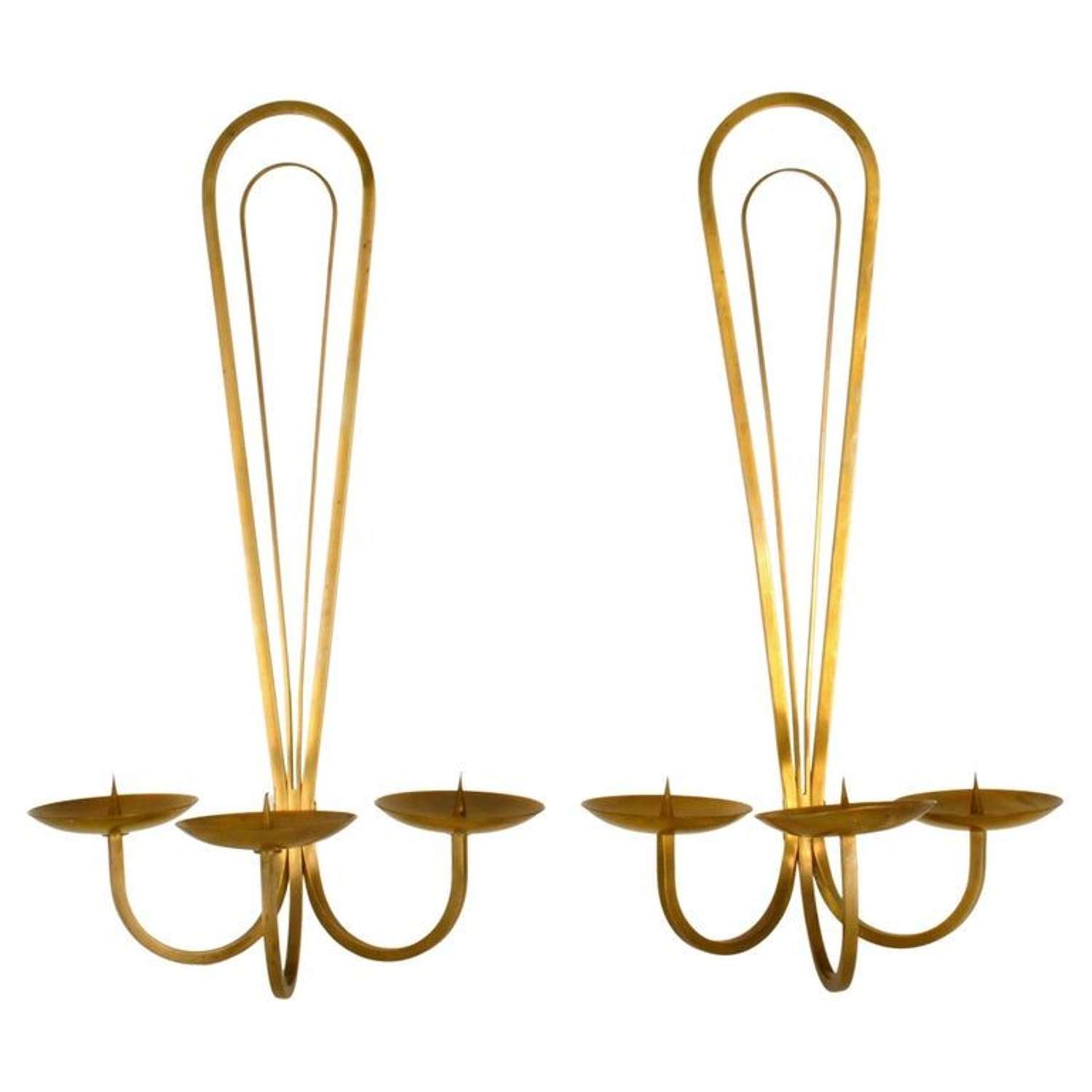 Pair of Candle Sconces for Three Candles in Brass, 1950's