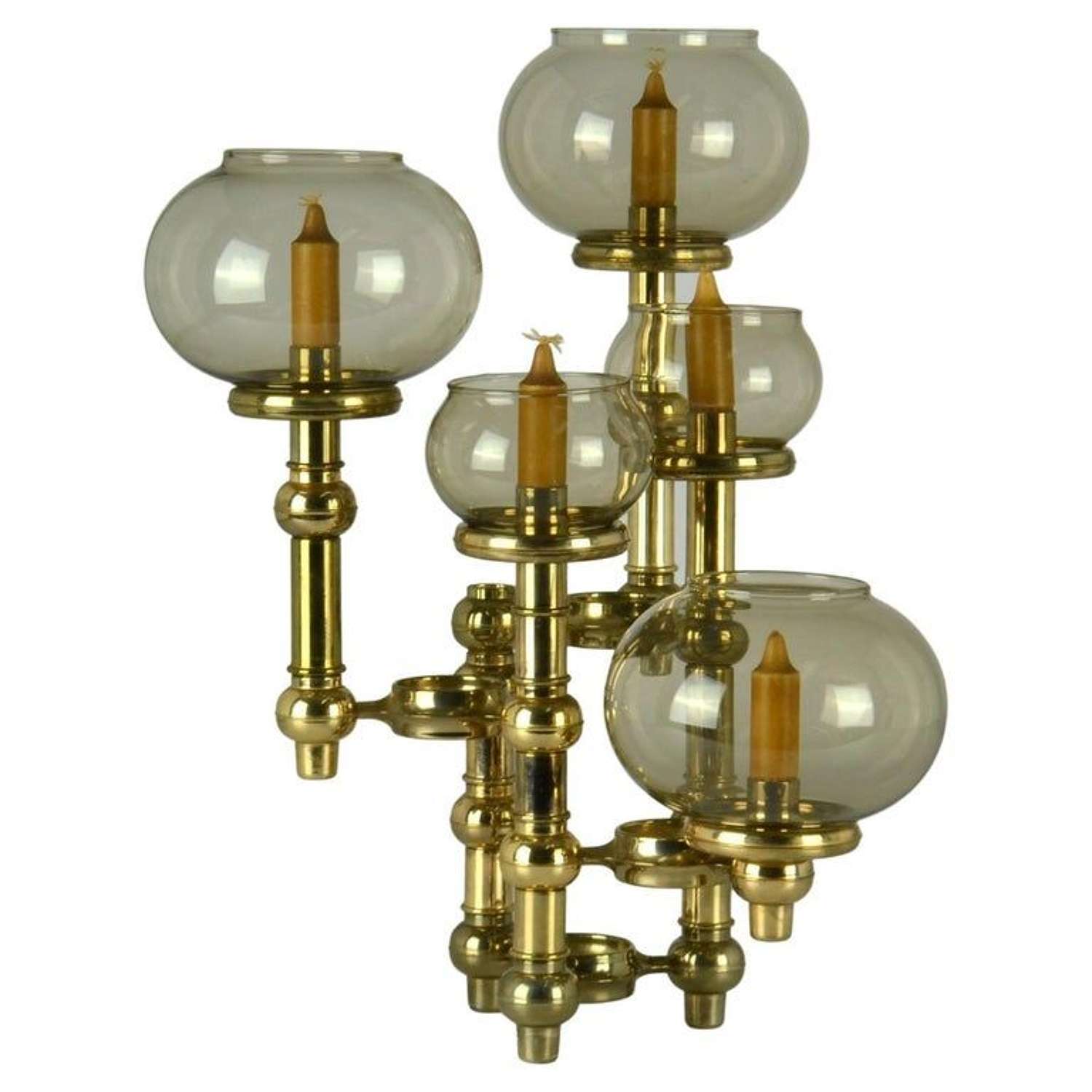Scandinavian Modern Modular Brass Candelabra with Glass Shades
