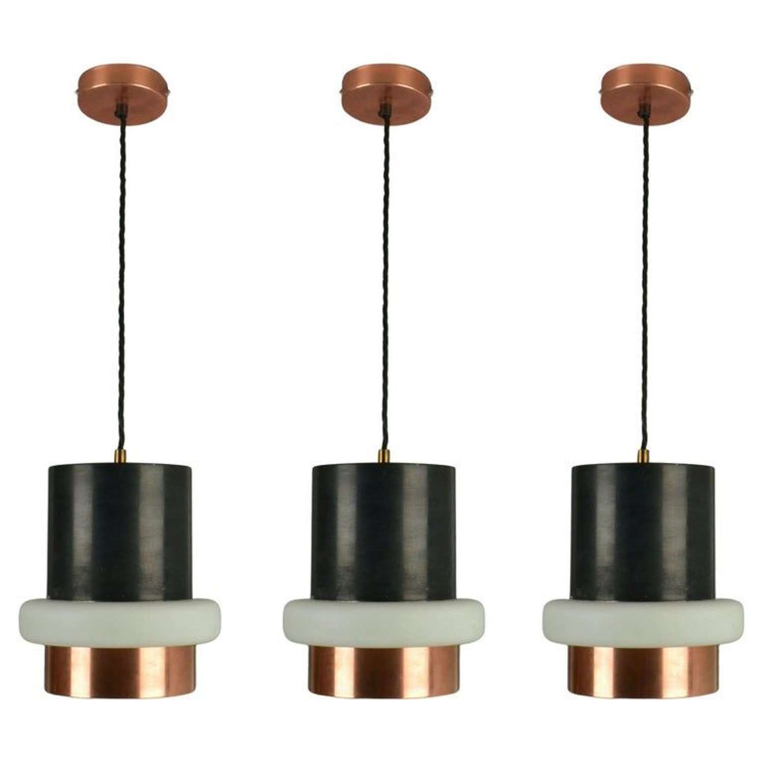 Set of Modernist Black Metal, Copper and Glass Pendants by Philips 196