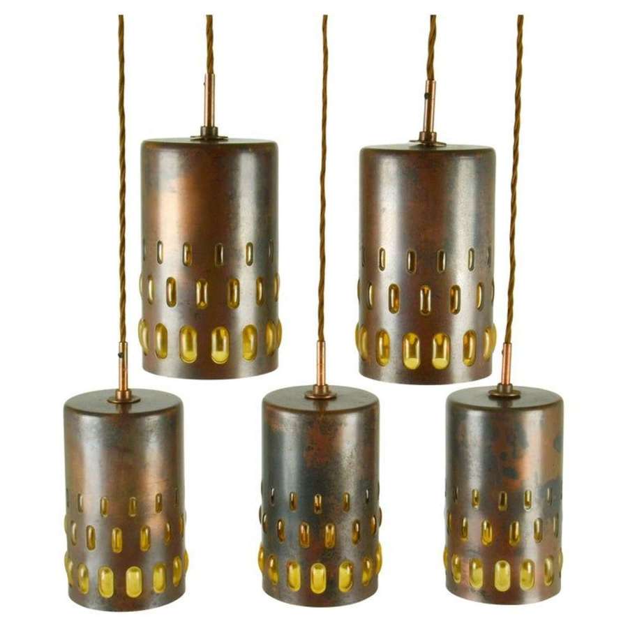 Nanny Still Copper and Glass Pendant Lamps set of Five