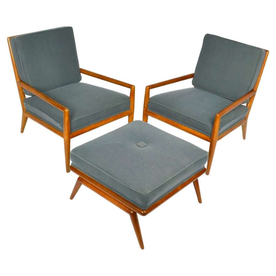 T.H. Robsjohn-Gibbons Pair of Arm Chairs, Foot Stool, Widdicomb 1950's