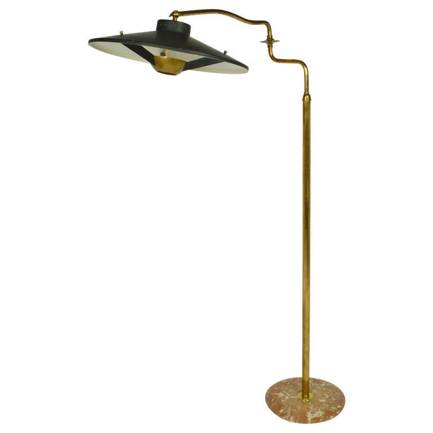Italian Swing Arm Brass Floor Lamp, Black Shade, 1950's Stilnovo Style