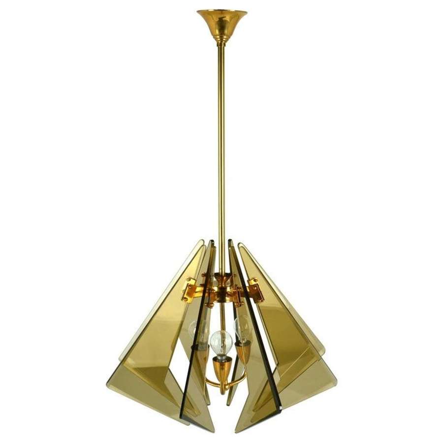 Chandelier in Tinted Glass and Gilded Brass by Fontana Arte, 1950's