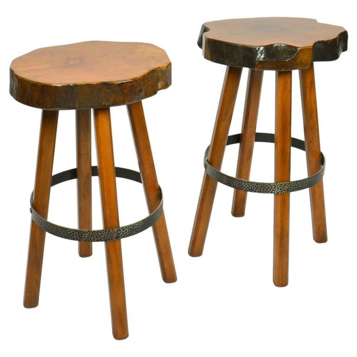 Pair of Bar Stools Handcrafted Burr Wood, 1970's