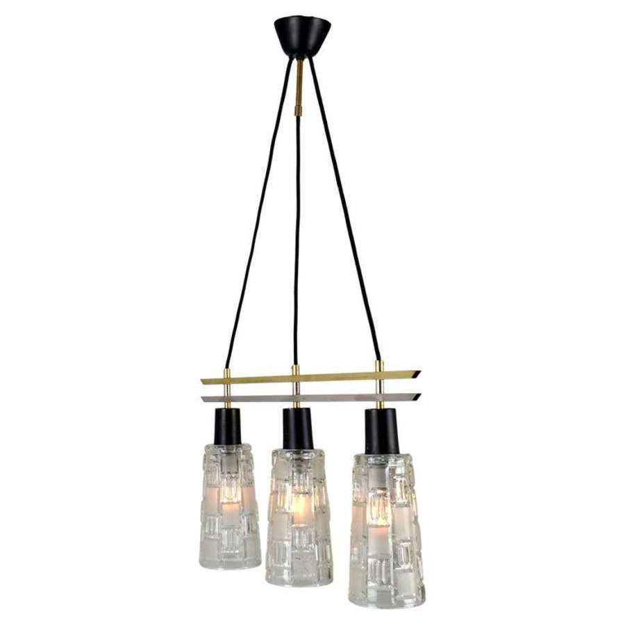 Triple Light Chandelier in Brass Chrome and Clear Glass 1960's