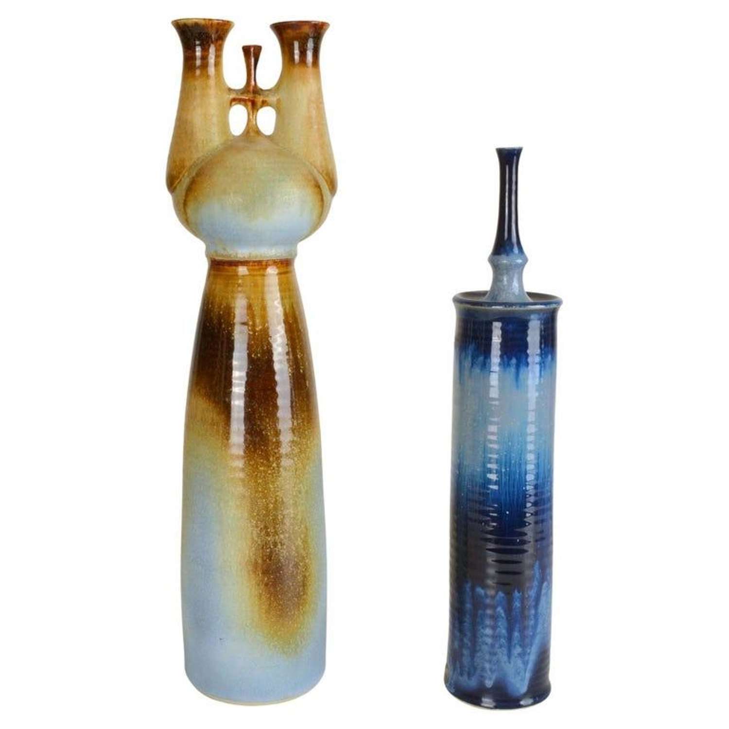 Two Sculptural Tall Studio Pottery Vases in Blue and Brown
