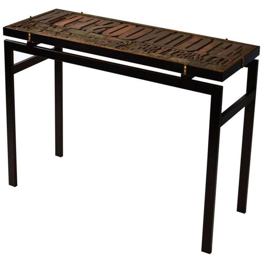 Console with Wood Relief Top and Glass on Black Metal Frame