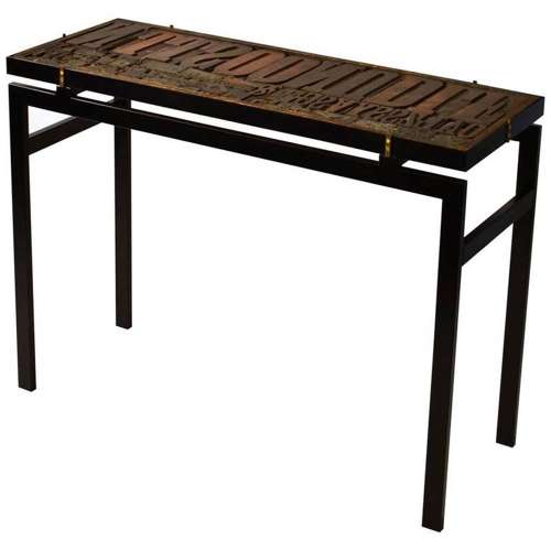 Console with Wood Relief Top and Glass on Black Metal Frame