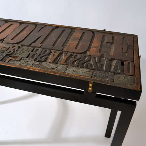 Console with Wood Relief Top and Glass on Black Metal Frame