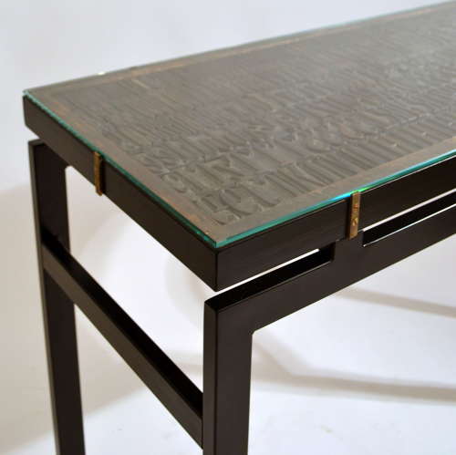 Console with Wood Relief Top and Glass on Black Metal Frame